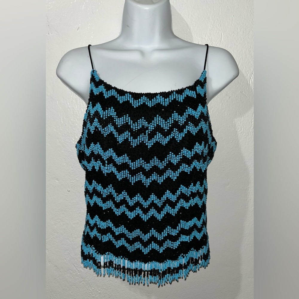 Vintage Beaded Camisole 80s Turquoise Black Chevron Fringe Spaghetti Y2K Sz L?